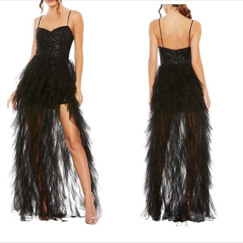 Mac Duggal 27119 Sequin Mini With Tulle Ruffle Maxi Train Dress| Size 8
